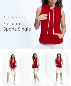 Camiseta sin Mangas con Capucha Roja para Mujer, con Bolsillos, Antiarrugas, Transpirable, Tejida, de Color Sólido, Estilo Casual, Ropa de Calle, para Verano - Product Image 5