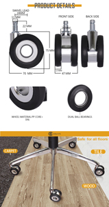 70mm Twin <b>Wheel</b> Office Chair <b>Caster</b> <b>Wheels</b> with 11x22mm Universal Stem Quiet TPR Swivel <b>Casters</b> for Furniture - Product Image 2