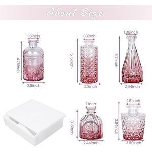 Set di 5 Vasi in Vetro Rosa per Fiori Singoli, Mini Vasi Vintage per Centrotavola Matrimoniali, Piccoli Vasi per Decorazioni da Tavola - Product Image 6