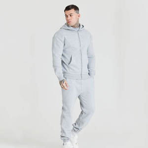 Ensemble de survêtement gris à capuche pour homme, sweat-shirt à fermeture éclair à manches longues avec pantalon, tenue décontractée d'automne, couleur unie, 100% coton, coupe classique - Product Image 2