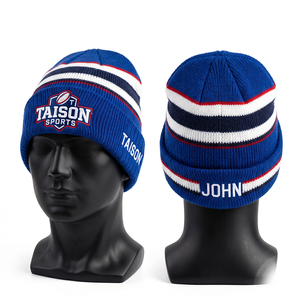Custom Rugby Beanie 320 GSM Premium Acrylic Knit White <b>Navy</b> Green Striped Design Embroidered Logo - Product Image 5