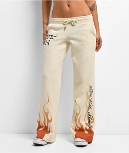 Pantalon de survêtement décontracté pour femme en molleton mi-lourd, respirant, de haute qualité, avec imprimé flamme, taille élastique et cordon de serrage, style hip-hop, pour le printemps - Product Image 1