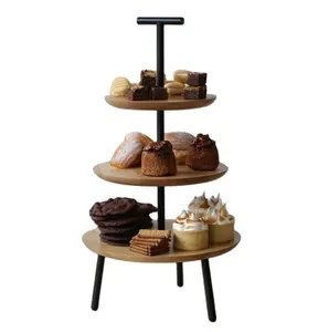 Kim loại bằng gỗ đứng chất lượng cao bánh đứng thực phẩm máy chủ trang trí 3 Tier bán chạy nhất với kim loại màu đen đứng