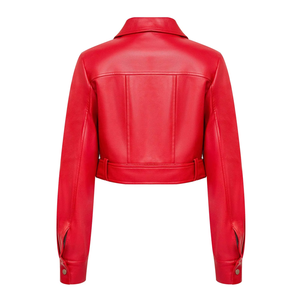 Veste en cuir PU rouge pour femme, coupe courte, col rabattu, simple boutonnage, ceinture, design personnalisé, logo personnalisé - Product Image 2