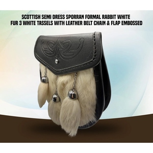 Pochette de kilt écossais Sporran en cuir véritable de qualité supérieure avec fourrure blanche, motif celtique gaufré, sangle à trois clochettes, accessoire des Highlands - Product Image 2