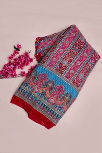 Red Floral Stripe Placement Print Fabric With Ornamental Border For Designer Kurti Dress Material Ethnic Wear Fabric - Product Image 6