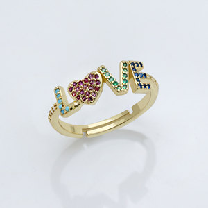 Gold-plated Sterling <b>Silver</b> Rainbow Zircon Pave Love Letter <b>Rings</b> Adjustable Size Romantic Wedding Party <b>Statement</b> <b>Rings</b> Women - Product Image 1