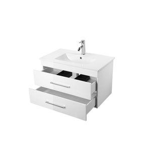 Meuble-lavabo mural blanc brillant de 32 pouces à double tiroirs Système de fermeture en douceur Évier en céramique Cadre en aluminium pour moderne - Product Image 4