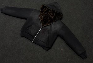 Sweat à capuche pour homme avec logo personnalisé, vêtements d'hiver, effet délavé, 550 GSM, 100 % coton, doublure en fourrure, fermeture éclair - Product Image 2
