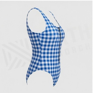 Women's Blue <b>Checkered</b> One-Piece Swimsuit With Front Zipper Scoop Neck High Waist Design - Product Image 3