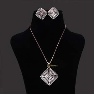 Rhodium Plated Brass CZ Pyramid Pendant Earring Set for Wedding Holiday - Product Image 5