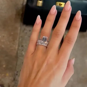 925 <b>Silver</b> Moissanite Diamond <b>Emerald</b> Cut Engagement <b>Ring</b> with Eternity <b>Emerald</b> Cut & Open Wedding Band in White Gold Plated. - Product Image 4
