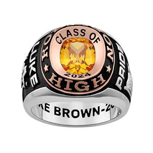 Bague de classe en argent sterling plaqué or rose à double rangée de pierres coussin pour homme, personnalisable pour célébrations de remise de diplôme, scolaires ou universitaires - Product Image 1