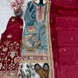 Designer Heavy Silk Embroidered Chine Sequence Work With Fancy Top Plazzo Dupatta Set - Product Image 1