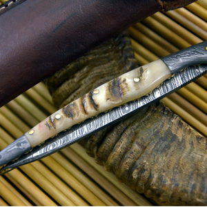 Couteau de chasse en acier Damas, lame à pointe tombante, avec manche en bois et étui en cuir, OEM, pour usage en plein air et camping - Product Image 2