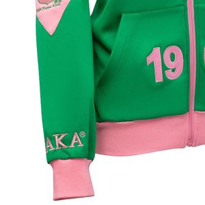 <b>Green</b> and Pink Women Full Zip Track Jacket with Embroidered Crest Long Sleeve Athletic Casual Sports Outerwear Comfortable Wear - Product Image 3