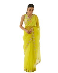 Beautiful <b>Organza</b> Saree Cover with Print All Over with Handcraft Work All Over Saree and <b>Silk</b> Blouse with Print & Work by Fabzon - Product Image 1