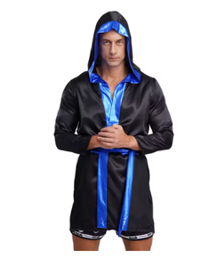 HAWK SPORTS INDUSTRIES Robe de boxe à capuche en satin noir avec ceinture bleue, durable, confortable, en polyester, pour entraînement MMA et Muay Thai - Product Image 6