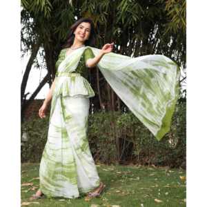 ผ้าส่าหรีผ้าฝ้ายจากผู้ส่งออกอินเดีย พร้อมลายพิมพ์มิเรอร์ไทดายสีเขียว สำหรับงานพิธีการและงานเฉลิมฉลอง - Product Image 3