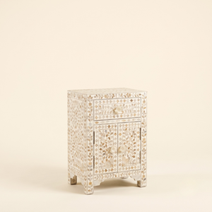 Modern Mother Pearl Floral Design <b>White</b> <b>Bedside</b> <b>Table</b> Cabinet Living Room Furniture India Quality Handicrafts - Product Image 1