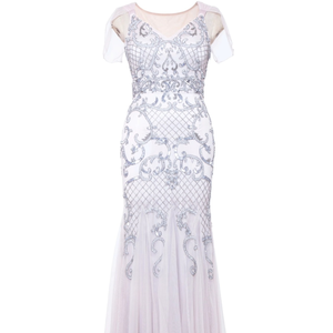 Women Silver Beaded Bridal Maxi Dress Elegant Flutter Sleeve <b>Sequin</b> Illusion Neckline Mermaid Gown Wedding Guest Elegant Design - Product Image 3