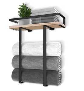 Porte-serviettes mural avec étagère en bois, étagère de rangement en métal pour petite salle de bain - Product Image 1