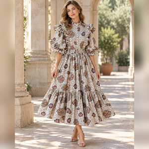 Boho Floral Print Midi <b>Dress</b> With Ruffle Sleeve And Flounce Collar A-Line <b>Loose</b> Fit Summer Casual Woven <b>Dress</b> - Product Image 1