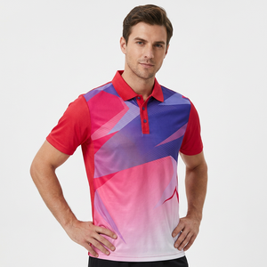 Polo de Manga Corta para Hombre, Estampado Geométrico, Secado Rápido, Estilo Deportivo, Tejido de Poliéster, Diseño Degradado Rojo, Azul y Rosa - Product Image 6
