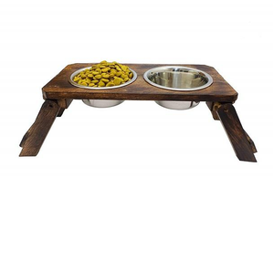 Mangeoire surélevée en bois pour animaux de compagnie avec bols en acier inoxydable pour chiens et chats, support pour bols de nourriture et d'eau, fabrication originale indienne - Product Image 1