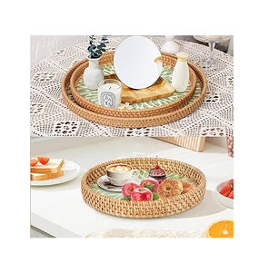 Plateau de service en rotin et nacre de grande qualité, plateau rond en rotin, plateau organisateur pour vase à fleurs en nacre - Product Image 3