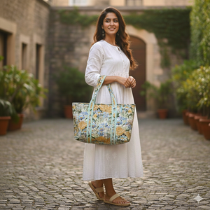 Sac fourre-tout à bandoulière pour femme, imprimé floral, matelassé, en coton léger, pliable, fait main, grande capacité, tissu doux, pour voyage et shopping - Product Image 2