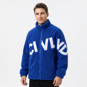 <b>Men</b> <b>Blue</b> Fleece Jacket <b>Men's</b> Loose Stand Collar Zipper Winter Casual Thick Sherpa Lined Coat with Pockets Letter Print - Product Image 5