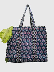 Sac fourre-tout bohème en coton, imprimé floral bleu, bordure rayée, ouverture supérieure, sac à main - Product Image 4