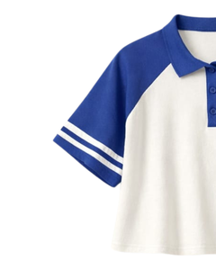 Customized Blue And <b>White</b> Women Cropped Polo T <b>Shirt</b> Raglan Sleeve Striped Sleeve Casual Cotton Top Button Placket Summer Tee - Product Image 3