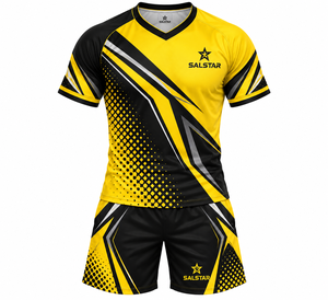Conjunto de Camiseta y Pantalones Cortos de Rugby Sublimados para Mujer, Amarillo y Negro, Cuello en V, Transpirable, Poliéster, Uniforme Deportivo, Logotipo Personalizado de Patrocinadores del Equipo - Product Image 1