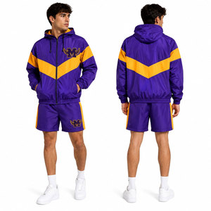 High Quality Custom <b>Mens</b> Color Block Patchwork Sportswear Nylon Windbreaker Tracksuit <b>Jacket</b> and Shorts Set <b>Men</b> - Product Image 2