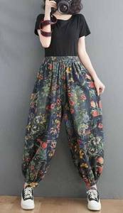Pantalon ballon en pur coton à motif floral pour femme, taille élastique, style urbain, pantalon fuselé en coton imprimé bohème pour femme - Product Image 5