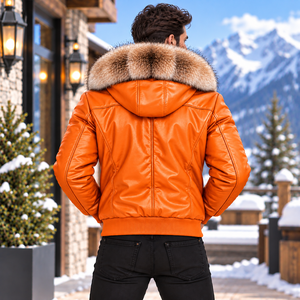 <b>Men's</b> Genuine Leather Hooded Bomber Jacket Fox Fur Trim <b>Summer</b> Breathable Plaid Pattern Motorcycle Fashion <b>Coat</b> Giacca Uomo - Product Image 2
