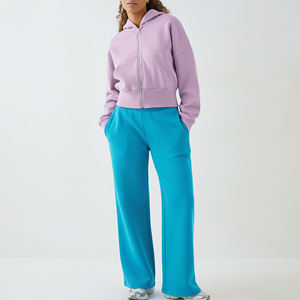 Conjunto Deportivo para Mujer al por Mayor: Sudadera con Cremallera y Pantalones Anchos de Felpa Francesa de Algodón - Product Image 3