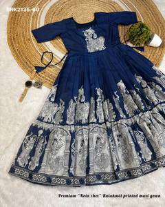 Proveedor de la mejor colección de telas de algodón puro Kota con estampado Kalahasti Kalamkari, mangas hasta el codo y corte maxi acampanado, procedente de la India. - Product Image 6