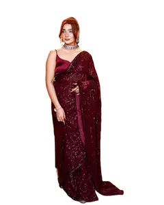 Индийская дизайнерская праздничная одежда с вышитым камнем, необычная Женская сари из жоржета, индийская Пакистанская одежда