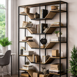 Étagère industrielle moderne en métal avec étagères en bois, grand présentoir ouvert pour le rangement, idéal pour le salon, le bureau, la décoration intérieure de la maison - Product Image 6