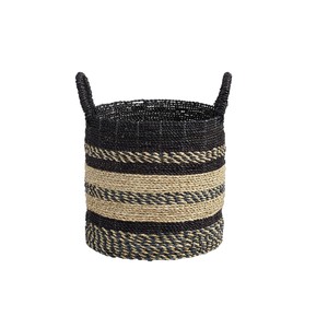 Wholesale Manufacturer Natural Seagrass <b>Basket</b> with Black and Natural Stripes Storage Laundry <b>Hamper</b> Bin with Handles - Product Image 1