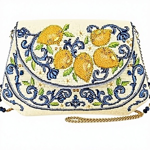 Pochette de soirée de luxe faite à la main, bleue et blanche, brodée de citrons, pour femme, sac élégant - Product Image 4