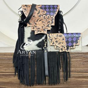 Western Hand Tooled Cow Leather Fringe Crossbody Bag with Turquoise Diamond & Matching Wallet Set Handcrafted Boho Style Purse - Product Image 1