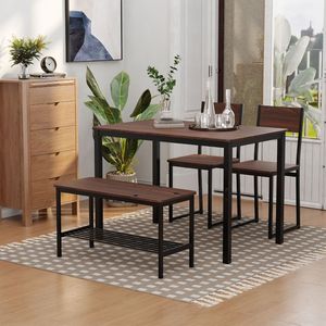 Set da Pranzo Industriale in Legno a 4 Pezzi, Tavolo e Sedie Marrone Rustico con Panca e Scaffale Portaoggetti per Sala da Pranzo - Product Image 2