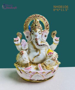 Culture Marble Ganesh on Lotus <b>Statue</b> | Decorative Lord Ganesha Idol for Home Temple & Gift Decor - Product Image 2