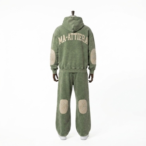 Conjunto de chándal de dos piezas para hombre: sudadera con capucha extragrande con cremallera y efecto lavado, y pantalones de chándal de pierna ancha. - Product Image 4