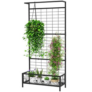 Supporto per Piante Alto in Metallo Nero con Traliccio e Barra Appendibile 91,44 cm x 32,56 cm x 187,96 cm, Porta Piante da Interno ed Esterno con Recinzione e Cancelli - Product Image 1
