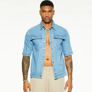 Camisa de mezclilla azul claro para hombre 2026, manga corta, corte regular, cuello vuelto, botones frontales, lavado a la piedra, estilo casual de verano - Product Image 1